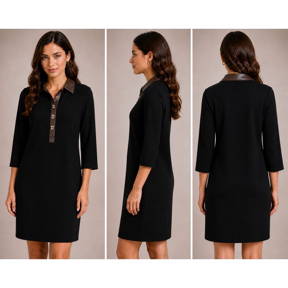 J.McLaughlin Falcon Ponte Knit Dress  faux leather Collar Sz Xs nwot